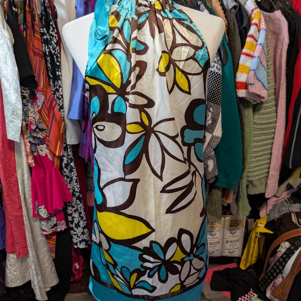 *Sold*Floral Halter Dress - Blue, Yellow, Brown - Picture 4 of 5